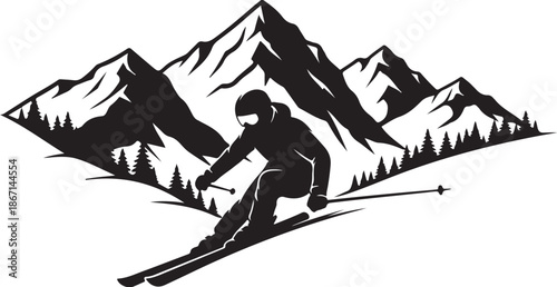 Mountain Skiing Silhouette Set