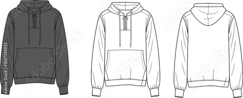 Cad drawing flat vector illustration, technical fashion sketch, hoodie design, half zip sweatshirt