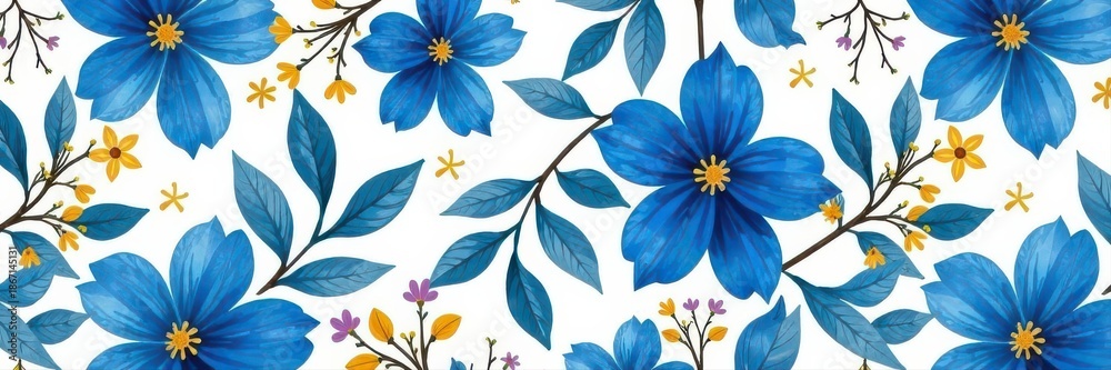 Fototapeta premium Abstract blue floral seamless pattern Trendy contemporary botanical background , vintage, seamless texture
