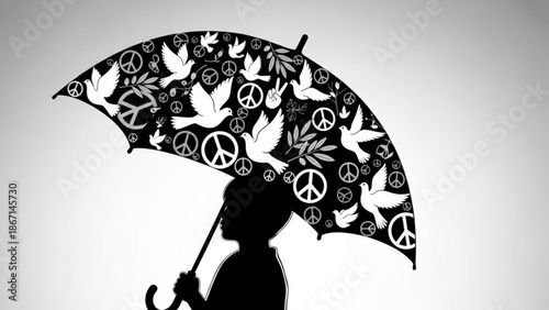 Silhouette of a child holding an umbrella decorated with peace symbols and doves representing hope and protection isolated on a gradient bac