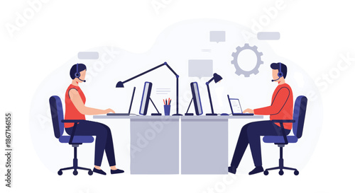 Illustration of two call center employees working at desks with headsets and computers