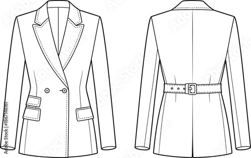 Cad drawing flat vector illustration, women’s blazer sketch, double breasted fashion template, garment construction outline, front back view apparel design