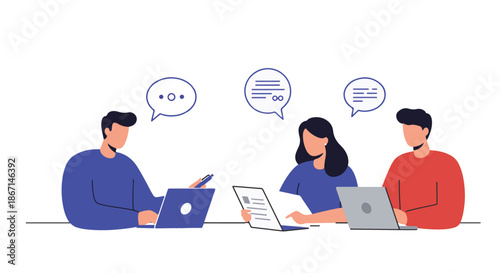 Illustration of three people collaborating in a meeting with laptops and speech bubbles
