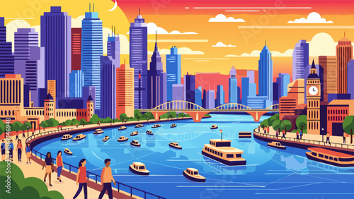Vibrant Cityscape Vector Illustration with Boats on River and People Walking on Promenade at Sunset