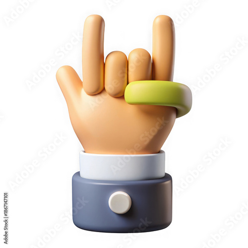 Stylized 3d hand making rock on gesture with ring isolated on transparent background