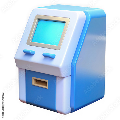 Stylized 3d blue and white atm machine with screen and slot isolated on transparent background