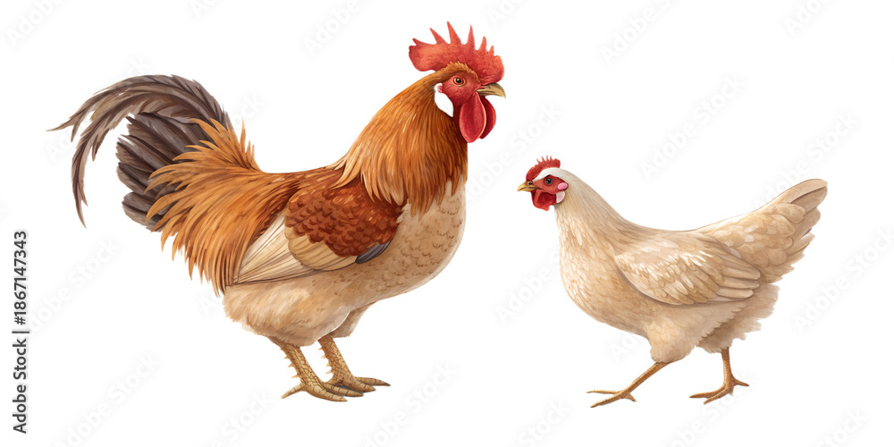 Fototapeta premium Realistic rooster and chicken standing together. Farm poultry animals shown full body in a natural pose, isolated on transparent background, PNG. Ideal for farming concepts, poultry industry visuals, 