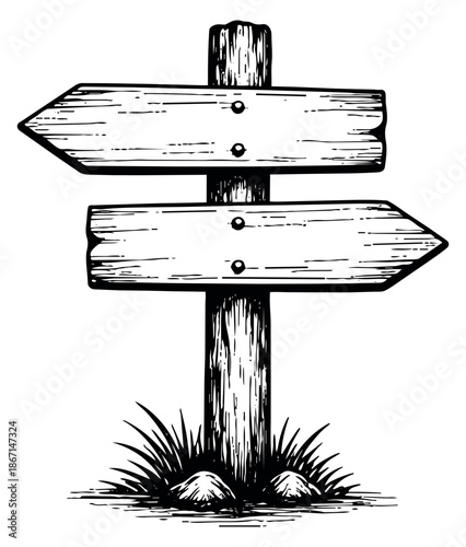 Hand drawn line art illustration of a wooden signpost depicting two blank directional arrows with grass for guiding visitors