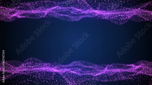 Abstract purple particle flowing wave effect on dark blue background with demo text
