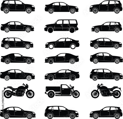 Car and motorcycle silhouettes, vehicle side view icons set, sedan SUV pickup van illustrations, transportation graphics, black vector, minimal design, 