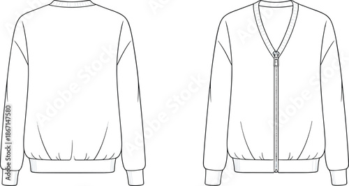 Cardigan fashion design, technical flat sketch, vector illustration, zip up jacket, ribbed cuffs, waistband, V neck, front and back CAD drawing