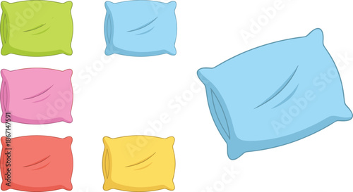 Colorful pillow and cushion illustration set, soft bedroom decor elements, home textile accessories, comfortable vector collection