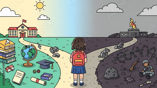 Child choosing between education and war representing a path of knowledge versus destruction concept for future choices