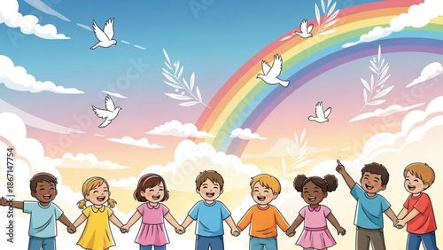 Diverse children holding hands under a rainbow and doves symbolizing peace and unity illustration for global harmony and childhood