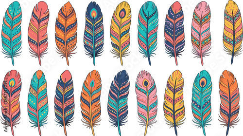 Colorful decorative feather illustration set, boho tribal plumage elements, hand drawn ethnic vector collection design
