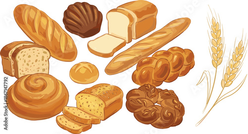 Bakery bread and pastry illustration set, fresh loaves baguette buns croissants wheat ears, delicious baked food vector collection design elements