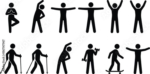 People exercise and fitness silhouette icon set, stretching yoga walking training activities, healthy lifestyle vector collection