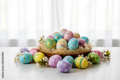 Decorative Easter Eggs on a Wooden Table.