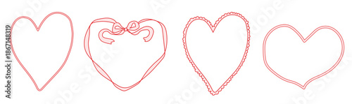  Valentine retro whimsical heart frame set with hand-drawn red outline borders, ribbon bow and scalloped edges. Cute doodle style love labels for cards, invitations, romantic graphic design. Vector.