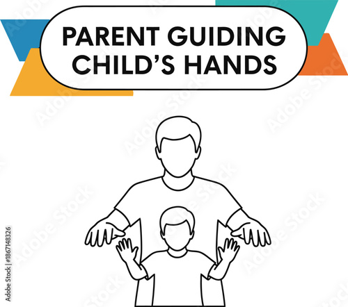 Black outline Vector of a parent gently guiding a child's hands for learning