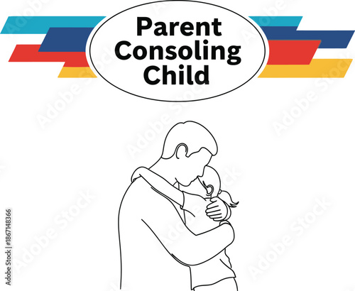 Black outline line art of a parent consoling a child with supportive guidance