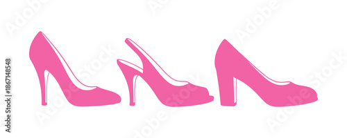 Colorful and lifelike silhouettes of classic retro women's footwear in a vintage fashion vibe, showcasing elegant high heels.

