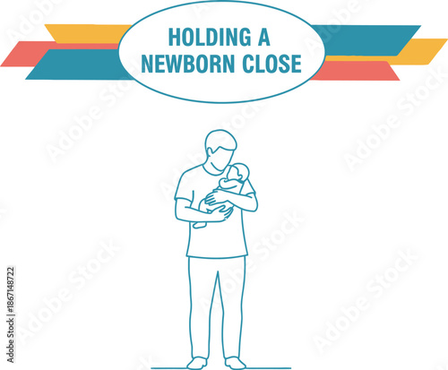 Black outline Vector of a father holding a newborn baby with care and affection