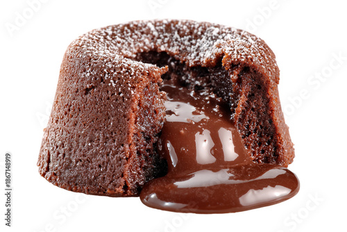 Freshly cut lava cake slice with melted chocolate isolated on transparent background
