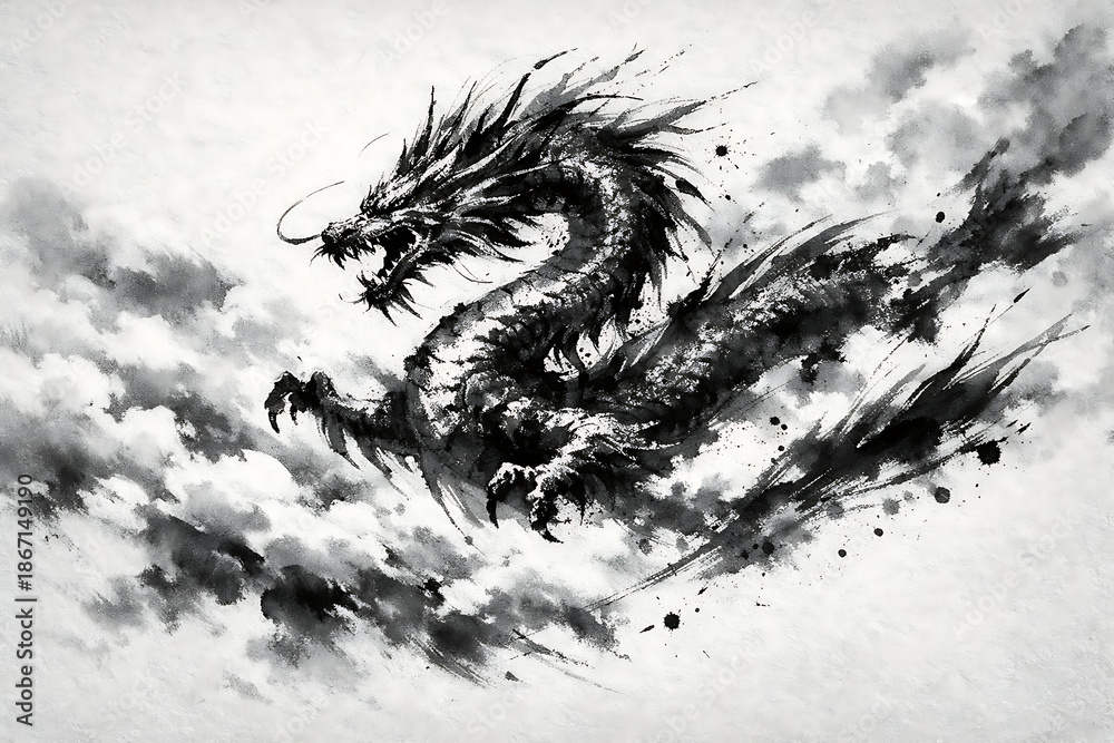 Obraz premium 筆文字素材の手書きの墨で描いた龍のイラスト 