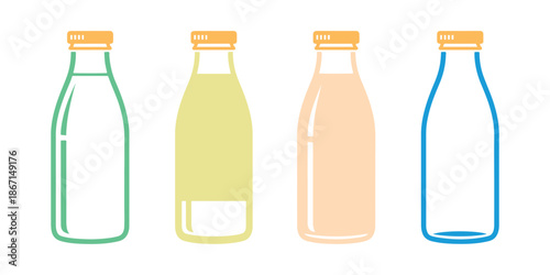 An illustration of a milk bottle icon, showcasing a glass package for dairy products, both empty and full, in a clean line art style, ideal for drink elements.