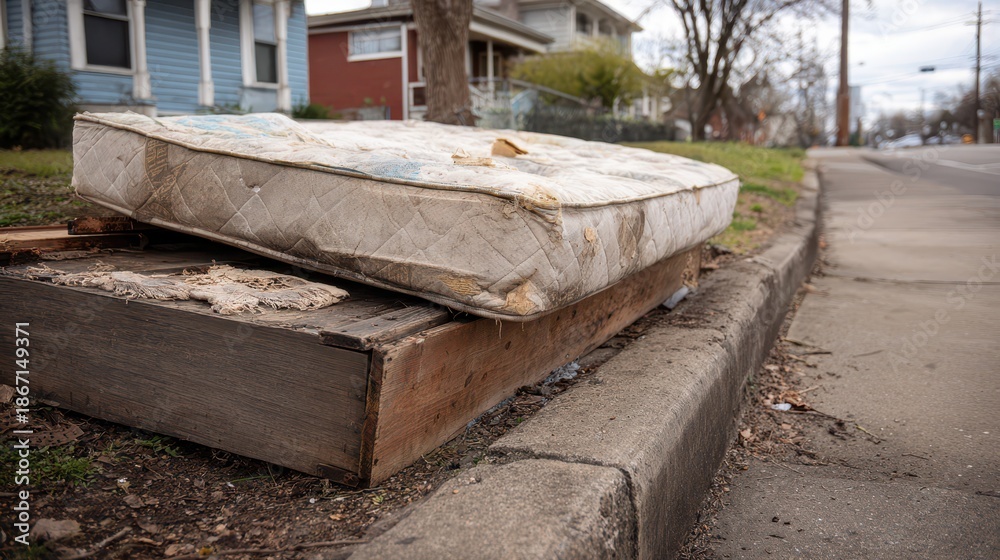 Obraz premium Discarded household furniture by the curb in front of a house along a suburban street