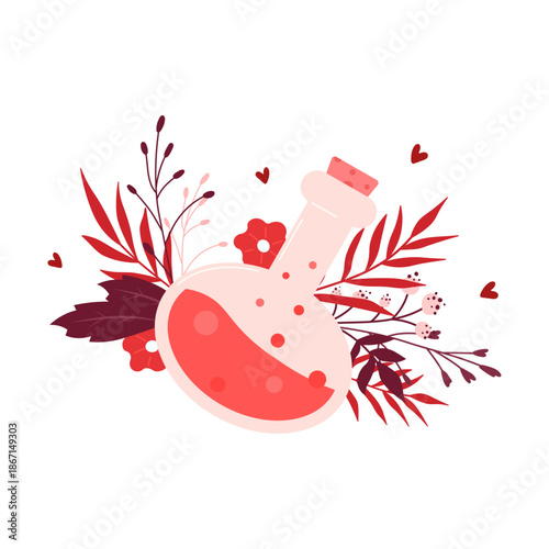 Hand drawn love potion bottle with floral botanical composition and hearts. Valentine’s Day illustration in red and pink colors