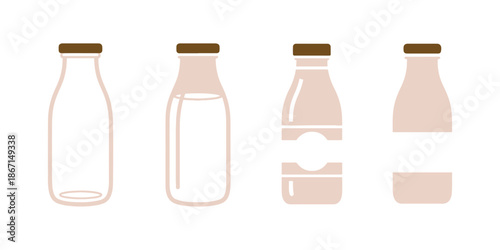 Vector icon of a milk bottle, featuring both empty and full dairy product glass packaging in a simple outline design, perfect for beverage clipart.