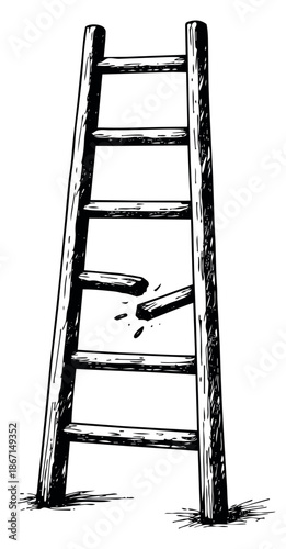 Hand drawn line art illustration of a broken wooden ladder depicting danger and risk for concepts of failure or challenge