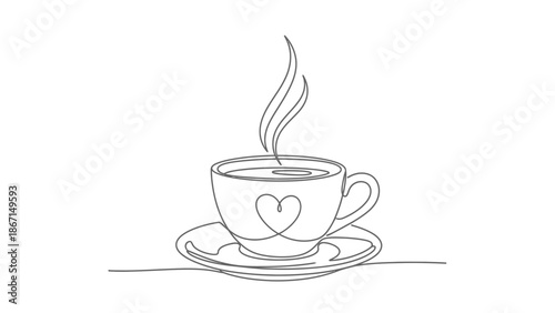 Minimalist Line Art Drawing of a Steaming Coffee Cup with Heart.