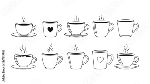 Collection of Hand Drawn Coffee Cups with Steam and Heart Designs.