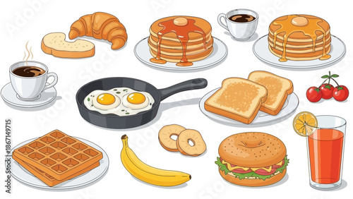 Delicious Breakfast Food Assortment with Coffee and Juice.