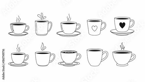 Collection of Hand Drawn Coffee Cups with Steam.