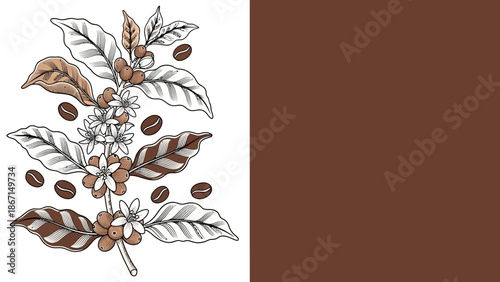 Detailed illustration of a coffee plant branch with beans and flowers.