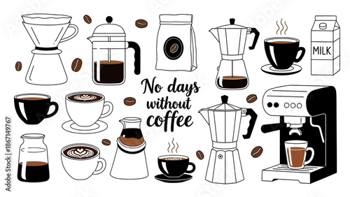 Collection of Coffee Making Equipment and Drinks.