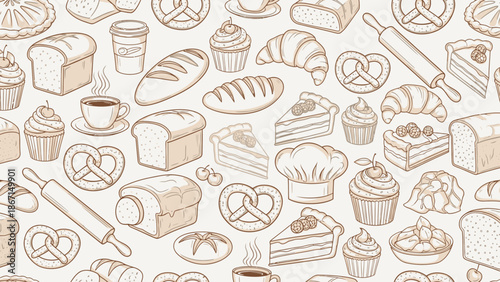 Delicious Bakery Assortment Seamless Pattern Hand Drawn Sketch.