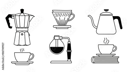 Collection of Coffee Brewing Methods and Equipment Icons.