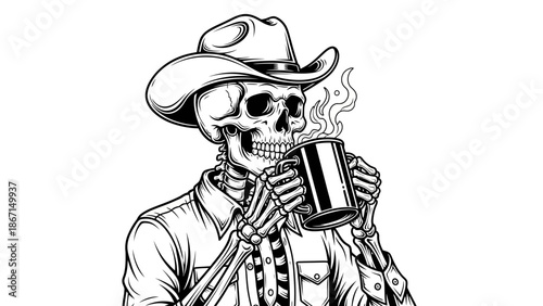 Skeleton Cowboy Enjoying a Hot Beverage in a Mug.