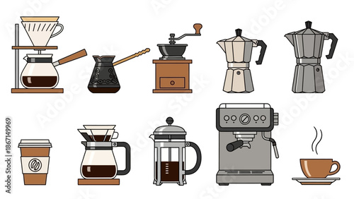 Collection of Coffee Making Devices and Accessories for Brewing Coffee.