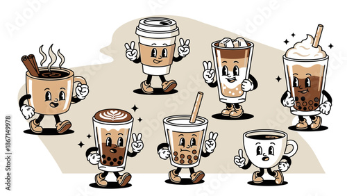 Collection of Adorable Cartoon Coffee Cups with Happy Faces.