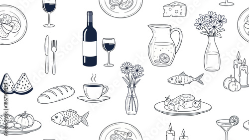 A delightful collection of food and drink items arranged artistically.