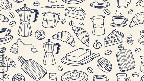 Hand Drawn Coffee And Pastry Pattern Seamless Background.