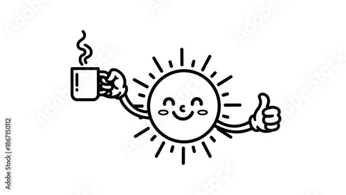 Cute cartoon sun character holding a coffee cup and giving thumbs up.