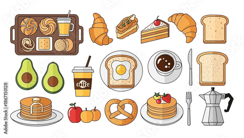 Collection of Delicious Breakfast Food Items and Drinks.