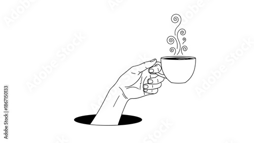 Hand emerging from hole holding steaming coffee cup.